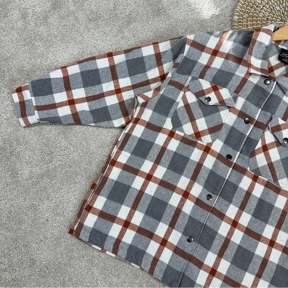 HFX Wool Blend Flannel Plaid Shacket Jacket Western Relaxed Fit Gray/Brown L - Picture 15 of 16